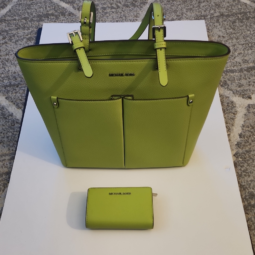 Michael Kors Jet Set Travel  Double Pocket Lime Green Saffiano Tote And Wallet.